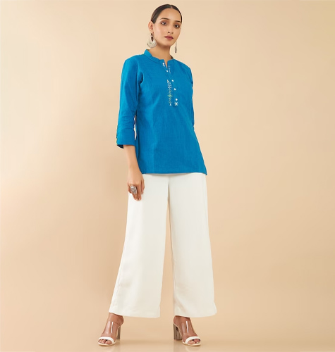 Blue & Green Mandarin Collar Printed Tunic